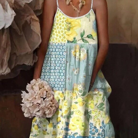 Yellow Boho Women's Floral Print Spaghetti Strap Dress - Picture 1 of 5